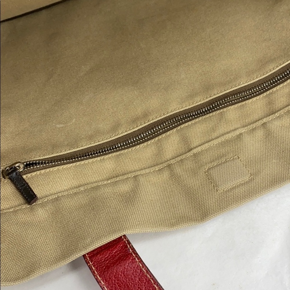 Prada Large Beige Canvas Red Leather Shoulder Tote - Picture 11 of 15